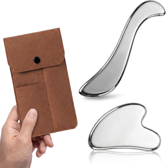 Gua Sha & Muscle Scraper Tool, Stainless Steel Face & Body Gua Sha Set for Lymphatic Drainage & Deep Tissue Massage, Travel Pouch & Guide Included (2-Piece Kit)